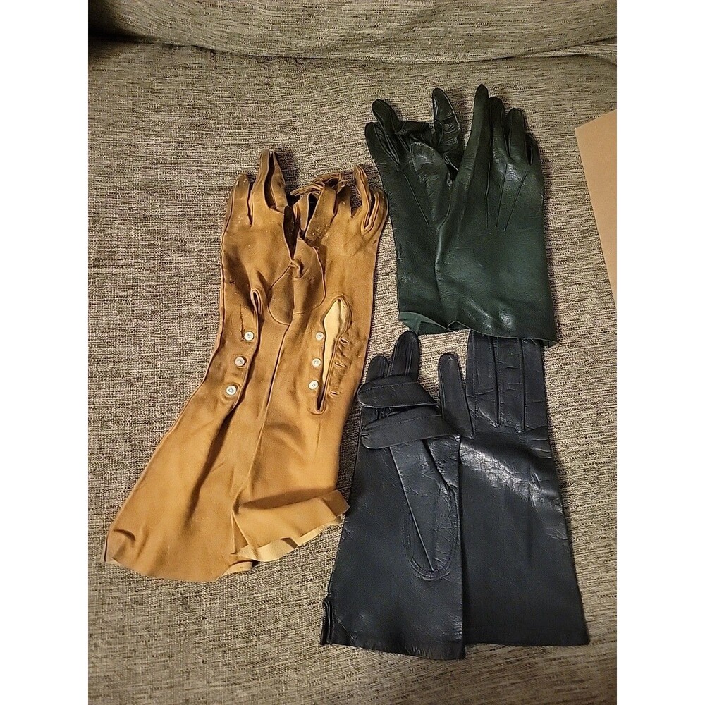 Lot 3 Pairs Vtg Womens Gloves Kid Leather Suede? Tan Green Black Opera Buttons